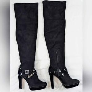 J-LO Suede Lucille Stiletto Over The Knee Boots Zip Black Sz. 6/6.5